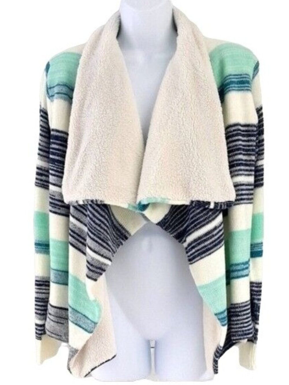 Love by Design Women Shearling Cardigan Blue Green Medium Striped Open Sweater